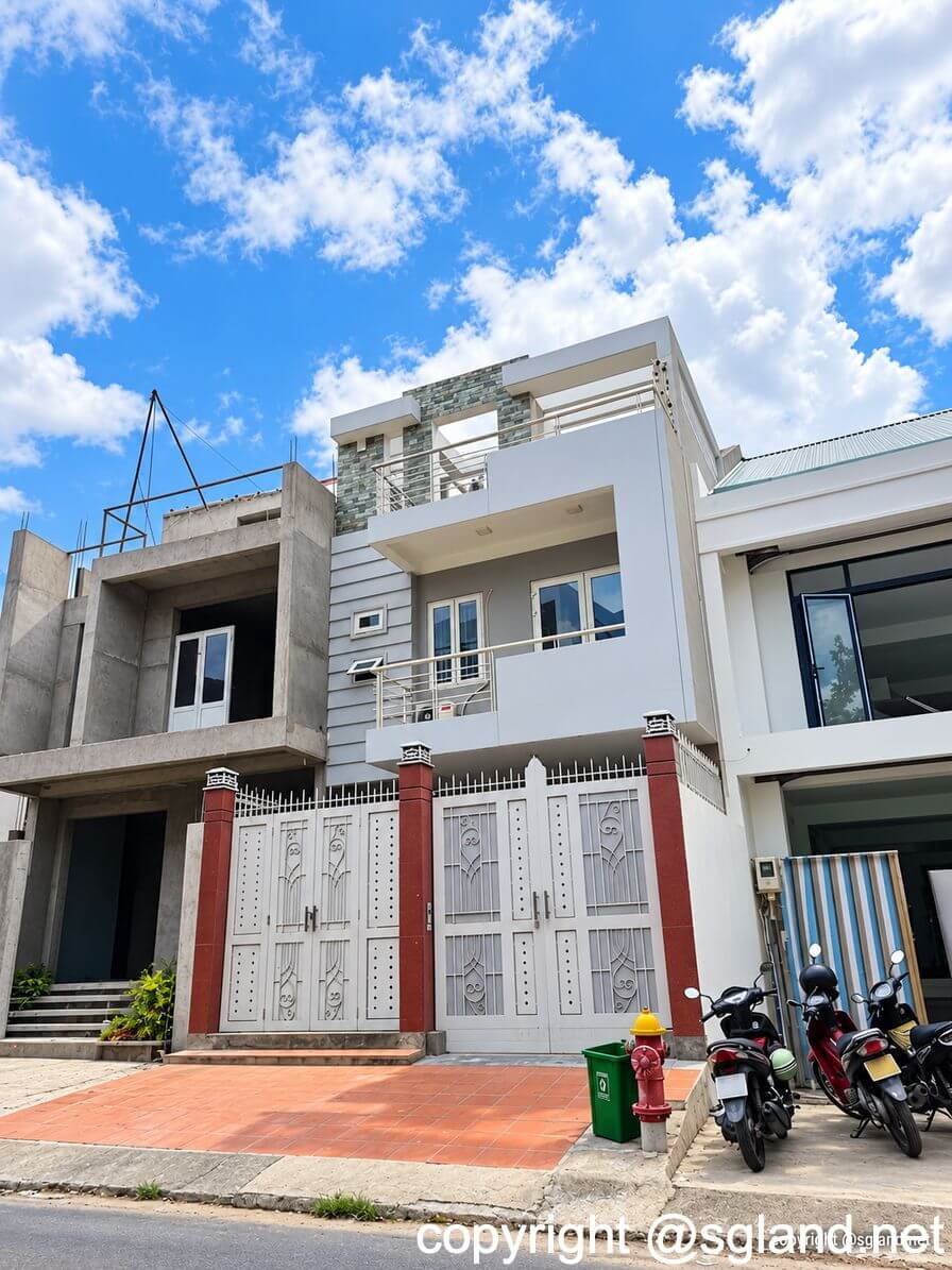 Cho thuê nhà An Phú 80 m², 5 phòng ngủ, 44 triệu/tháng 81 Mặt tiền nhà cho thuê đường 31D An Phú với cổng trắng và ban công